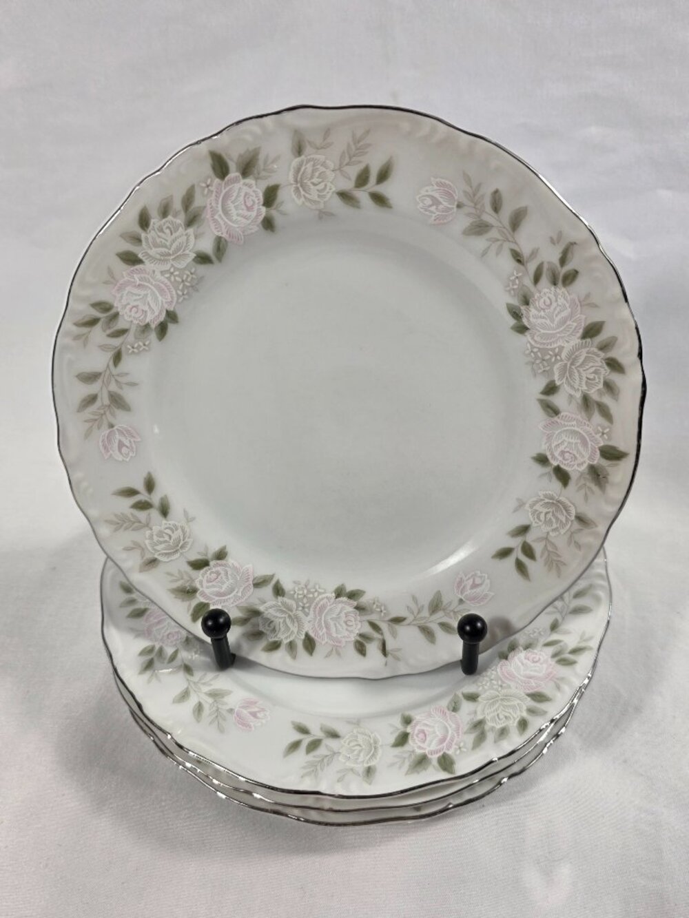 FOUR Sheffield 501 Classic Bread Plates White with Pink Roses on the Rim